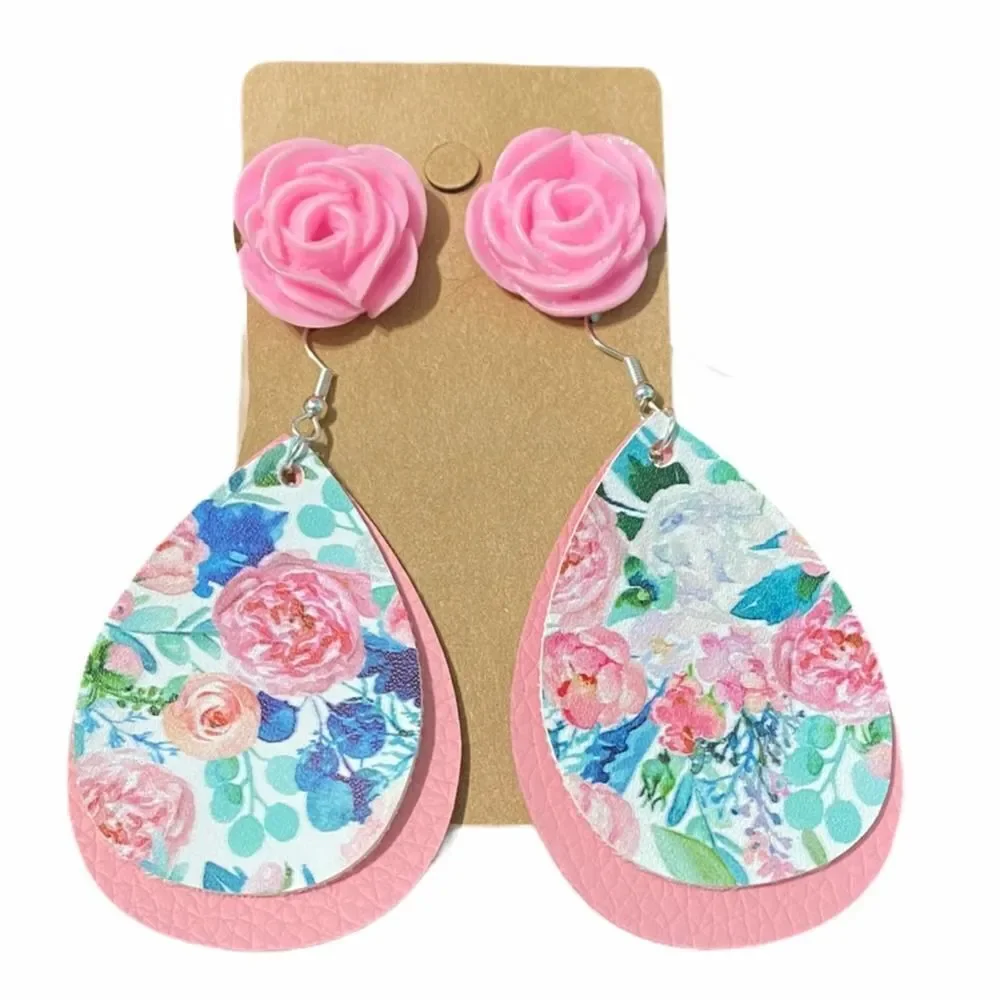 Women's Floral Earring Set Pink Rose Studs Rose Dangles Teardrop Dangles Fashion
